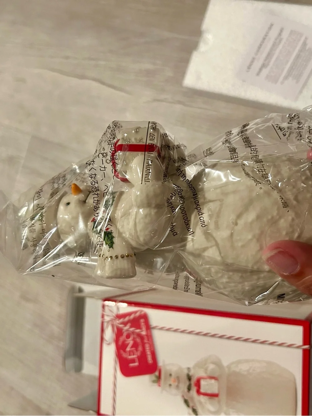 Lenox White Snowman Figurine with Red Gift and Green Holly Scarf